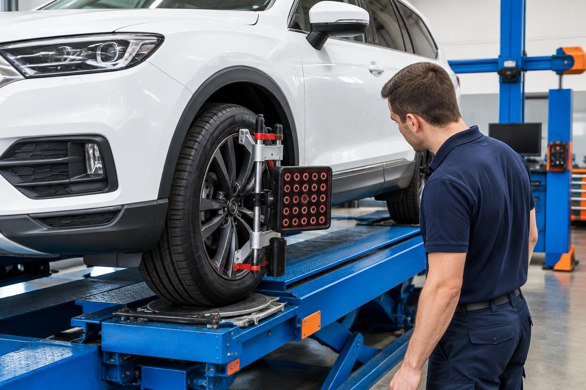 Illustrative technician checking a wheel alignment target on an SUV