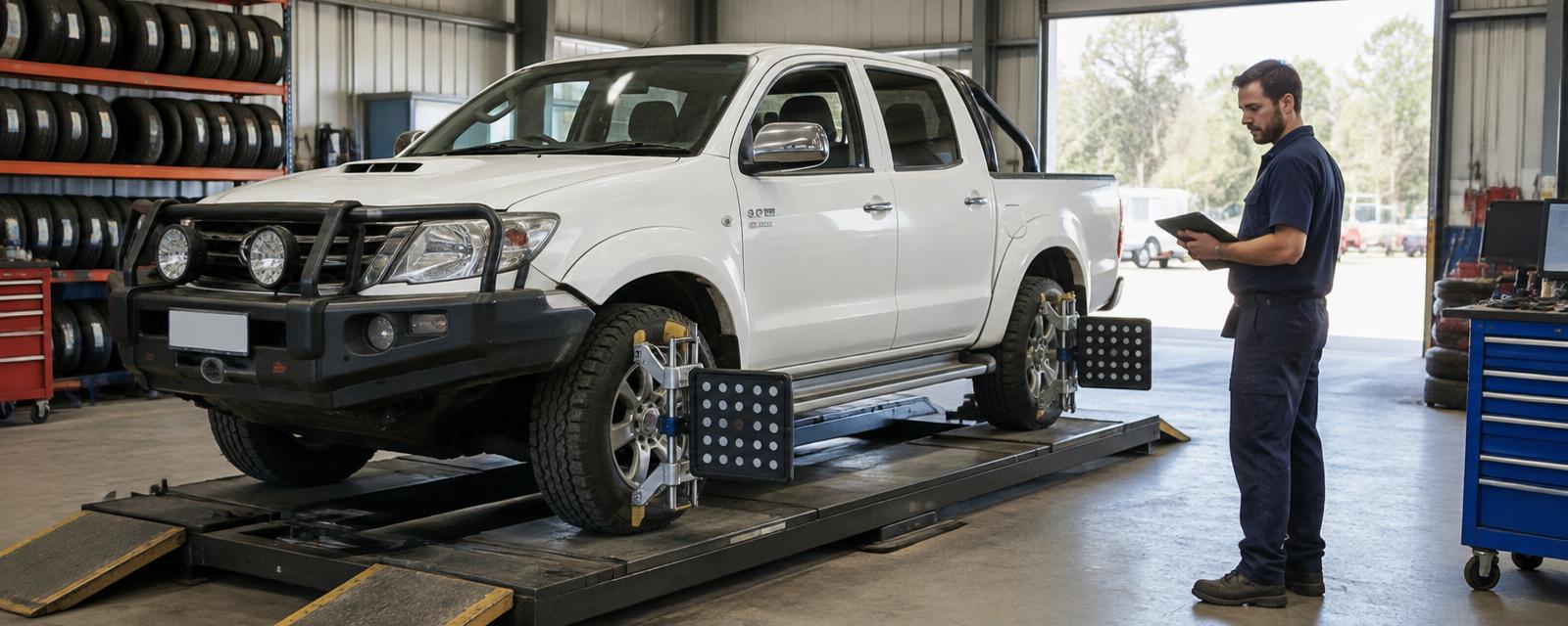 White dual-cab ute on a wheel alignment rack with alignment targets clamped to each wheel in a Corowa workshop