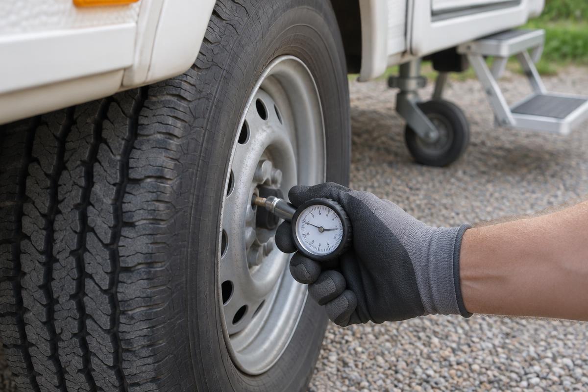 Gloved hand checking caravan tyre pressure with a dial gauge on the valve stem