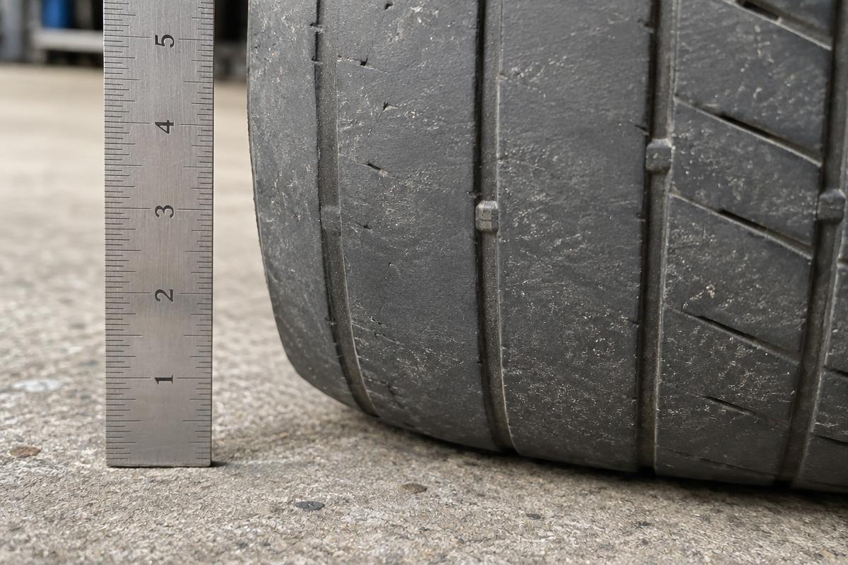 Worn car tyre tread sitting level with the tread wear indicator bar, with a steel ruler beside it for scale