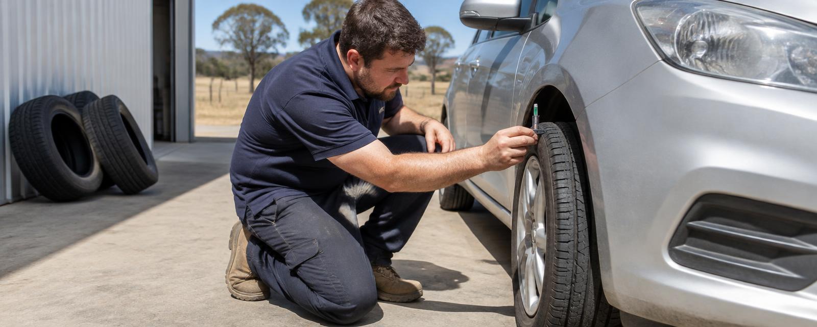 Tyre technician checking tread depth on a car tyre with a tread depth gauge in a Corowa workshop yard
