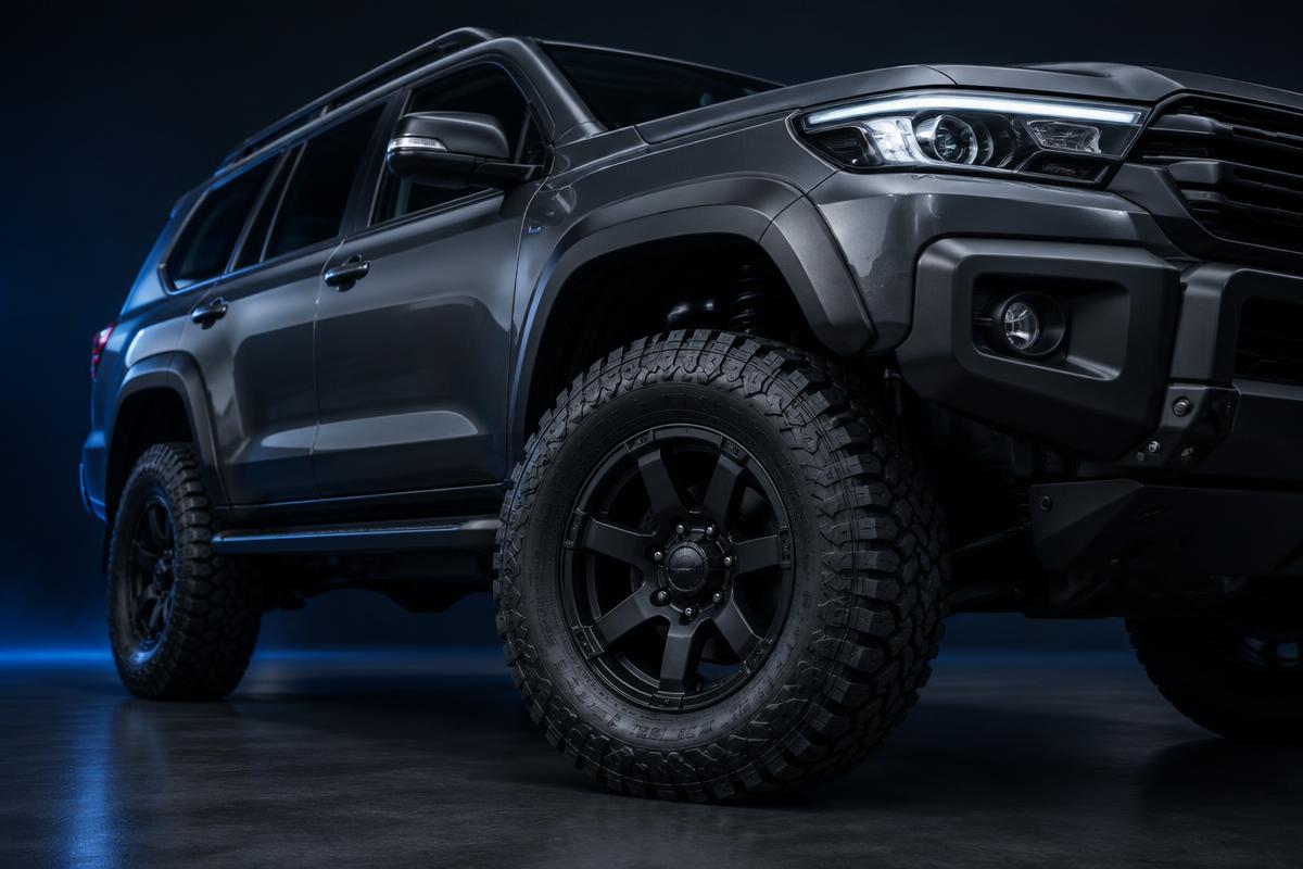 Close-up of the matte black 4x4 alloy wheel on a lifted dark grey 4WD wagon.
