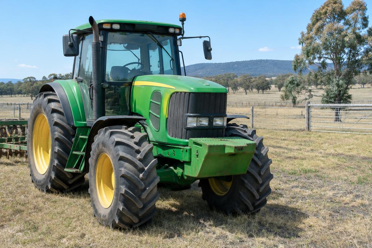 Close-up of the huge rear lug tyre on a green farm tractor.