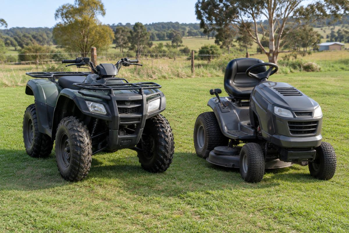 Close-up of the knobby front tyre on a dark quad bike ATV.