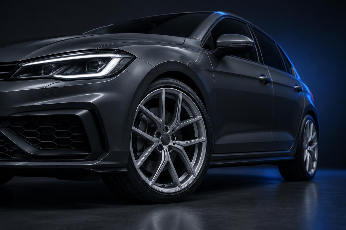 Close-up of the silver multi-spoke alloy wheel on a dark grey hatchback.