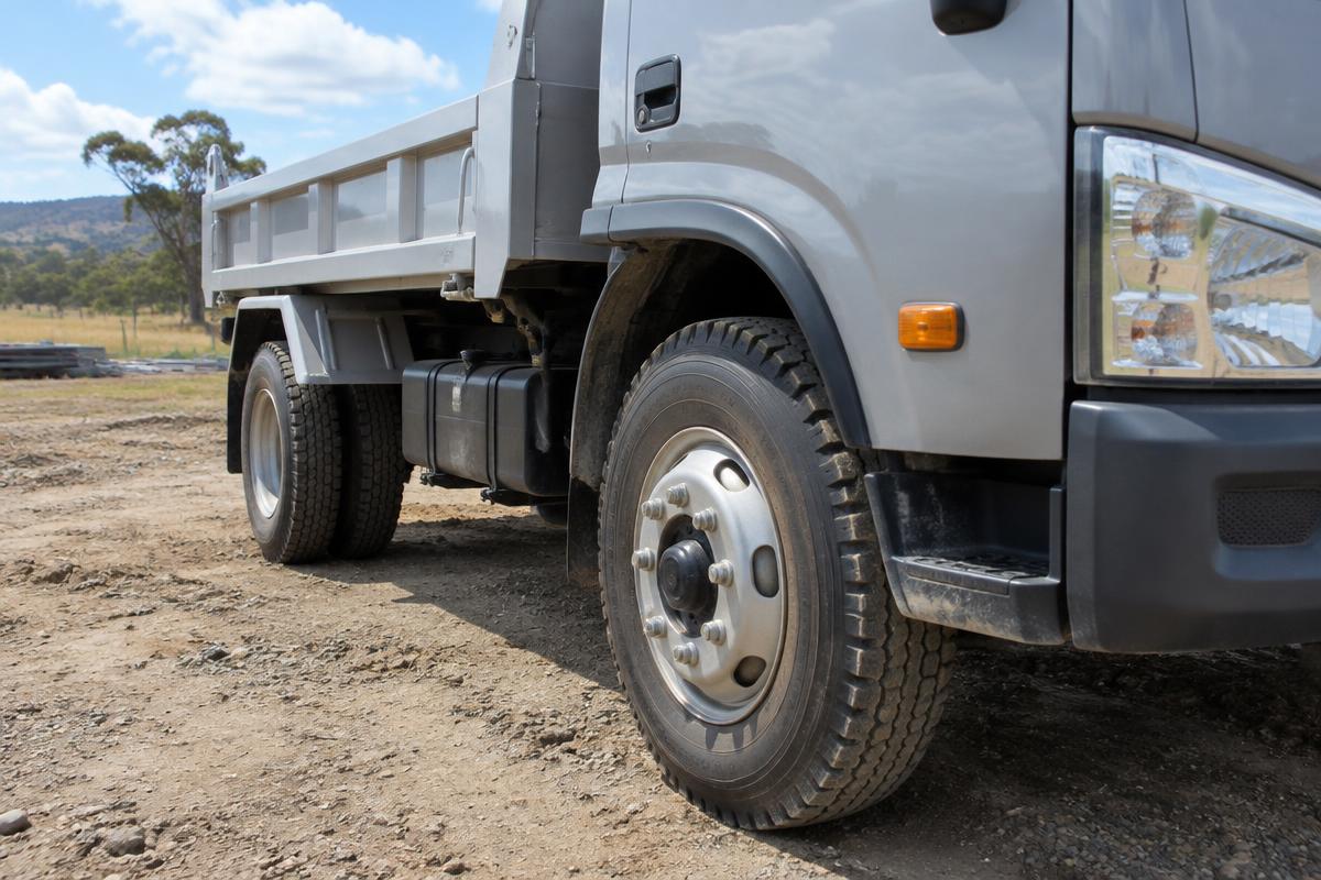 Close-up of the heavy-duty rear tyre on a grey light tipper truck.