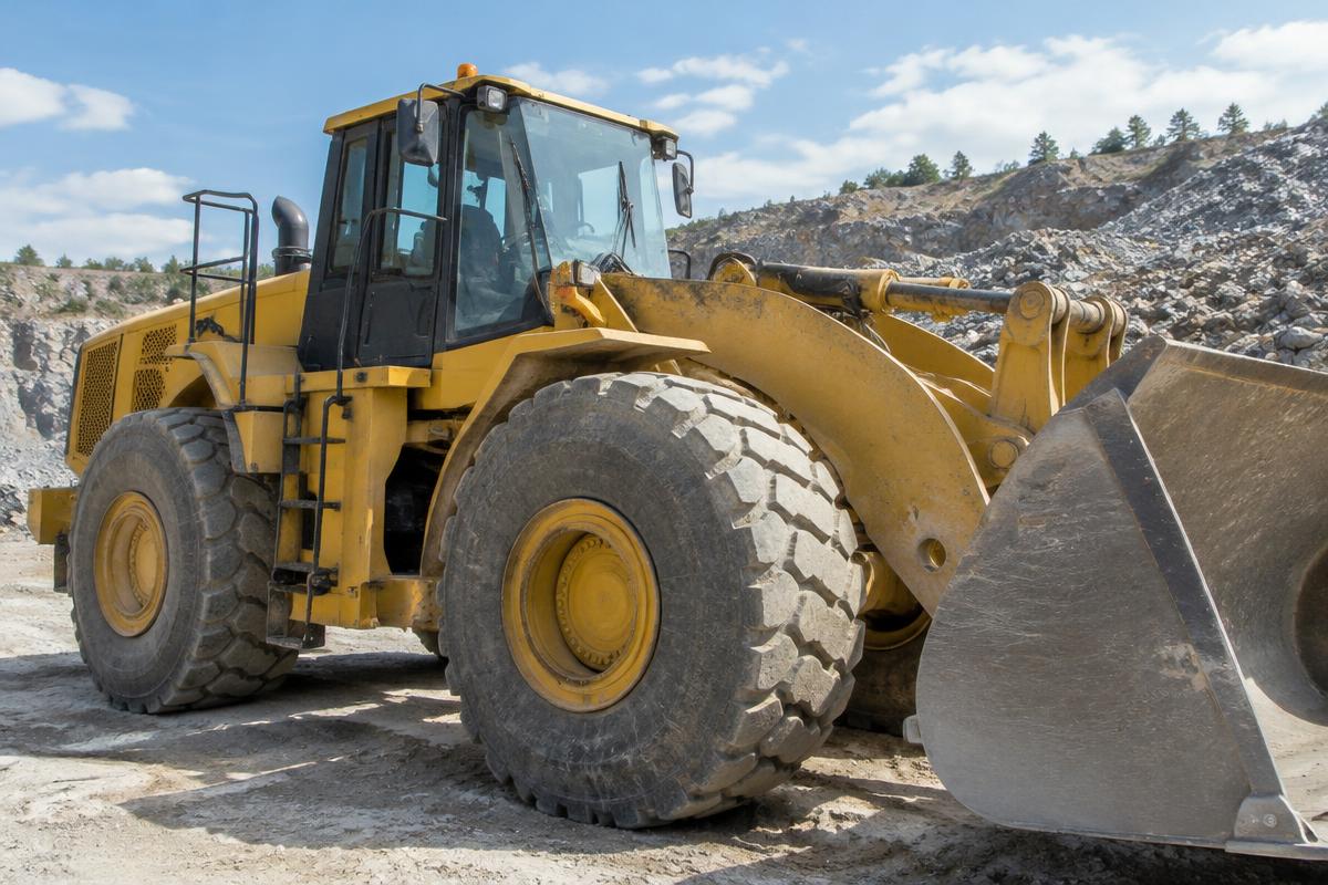 Close-up of the massive deep-tread tyre on a yellow wheel loader.