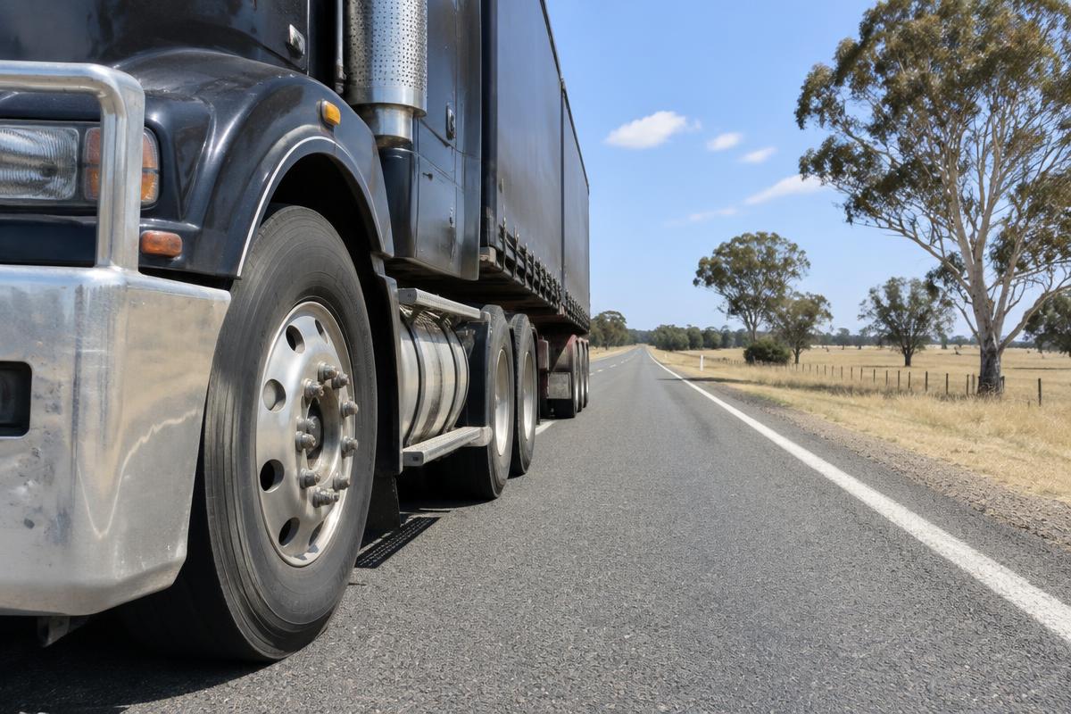 Close-up of the steer-axle tyre on a dark prime mover truck.