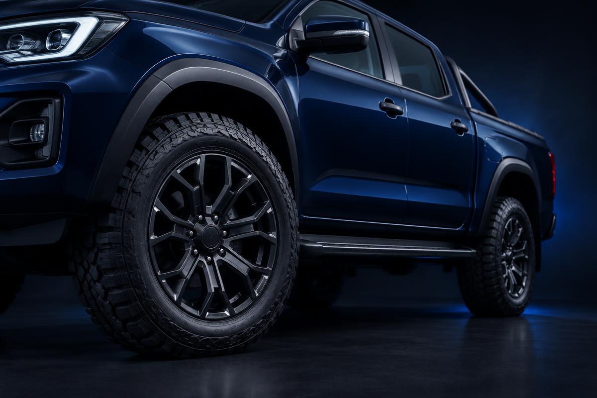 Close-up of a new alloy wheel and tyre package fitted to a dark blue dual-cab ute.