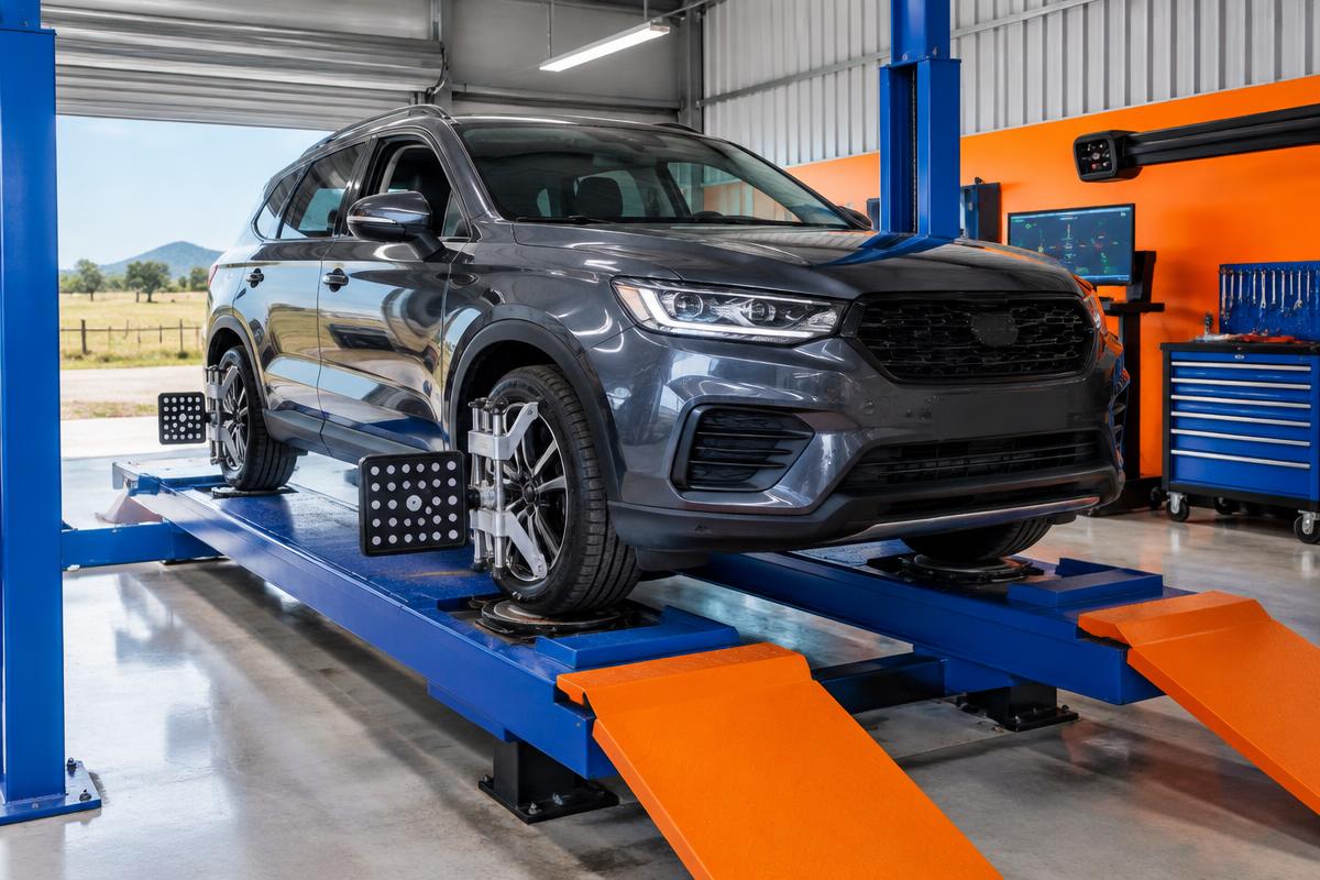Illustrative photograph of an SUV on a wheel alignment hoist with sensors fitted
