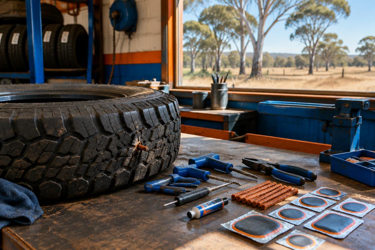 Illustrative photograph of a tyre on a workbench with puncture repair tools and patches