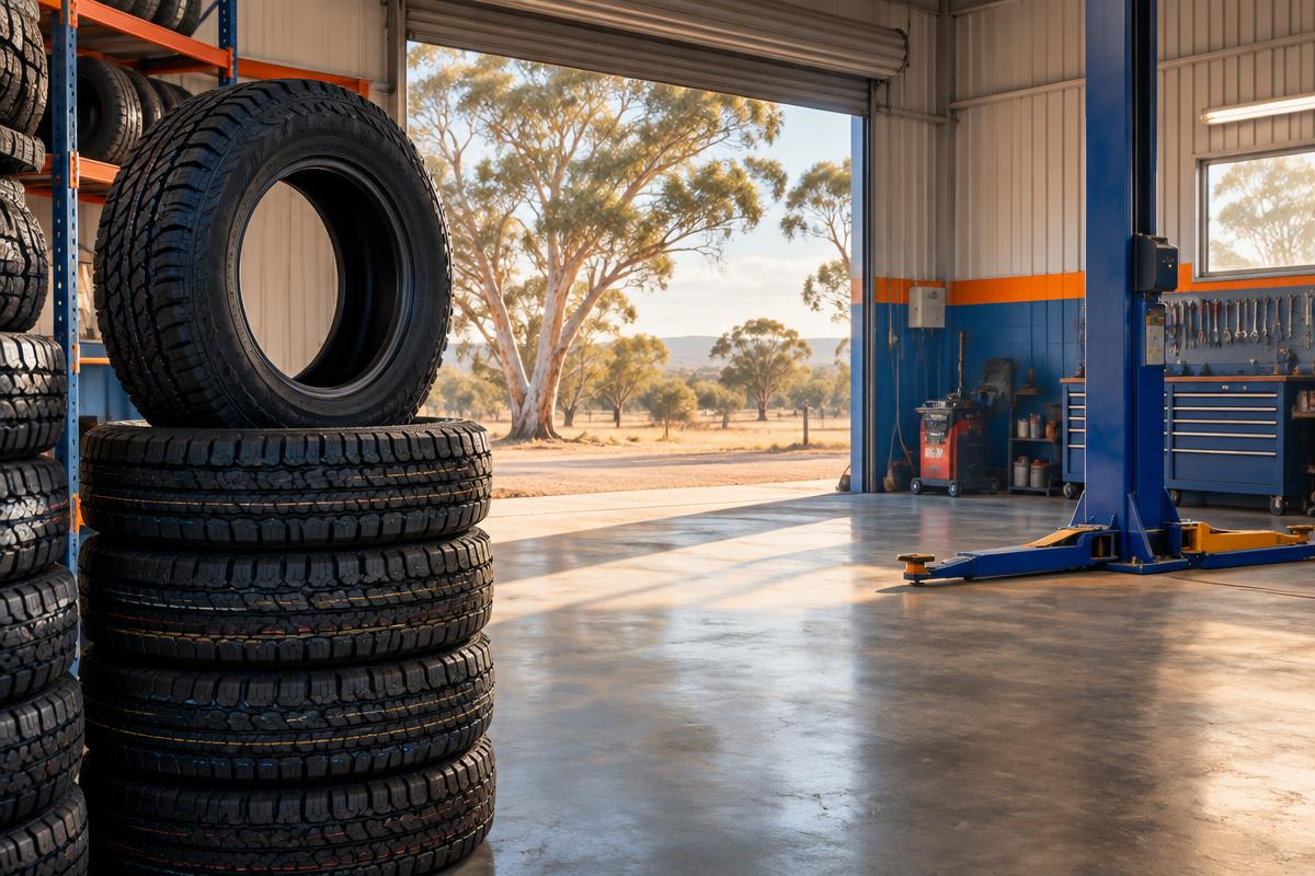 Illustrative photograph of new tyres stacked in a country workshop with gum trees outside