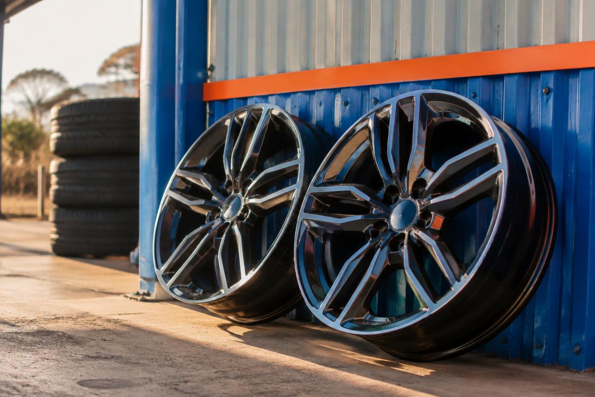 Illustrative photograph of alloy wheels leaning against a blue workshop wall
