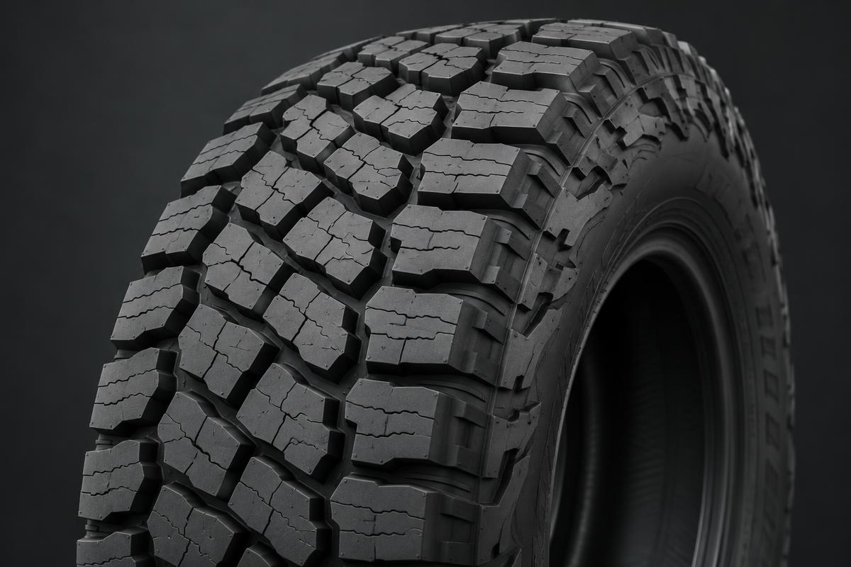 Illustrative all-terrain tyre with chunky shoulder blocks.