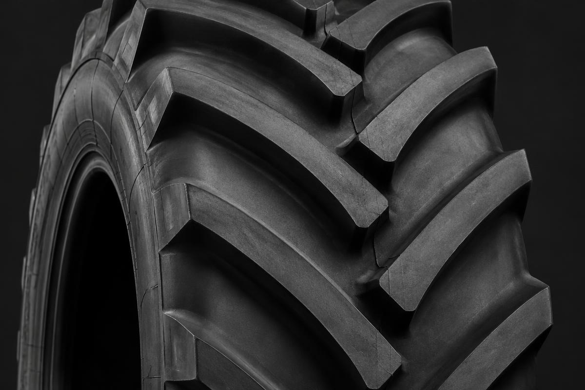 Illustrative agricultural tyre with large chevron lugs.