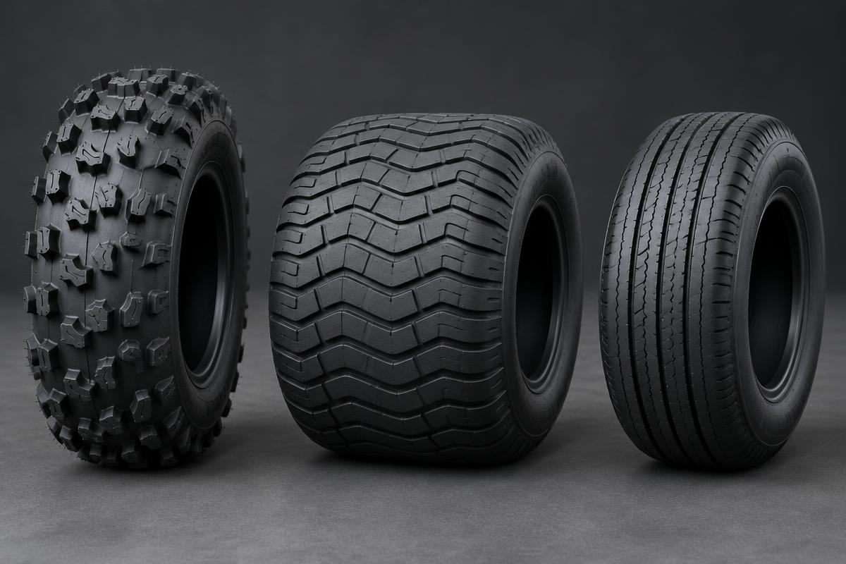 Illustrative ATV, turf and golf cart tyre patterns side by side.