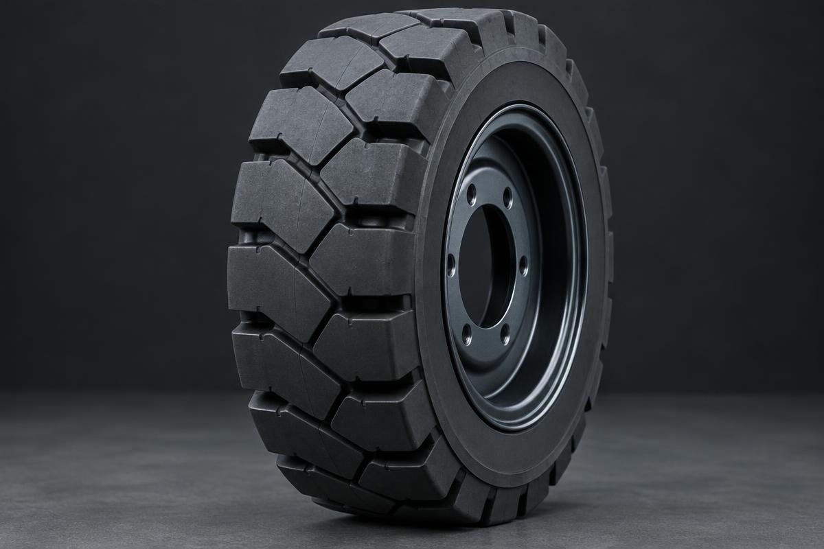 Illustrative solid forklift tyre with industrial tread blocks.