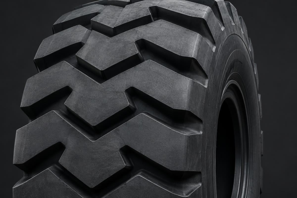 Illustrative earthmover tyre with deep heavy-duty tread.