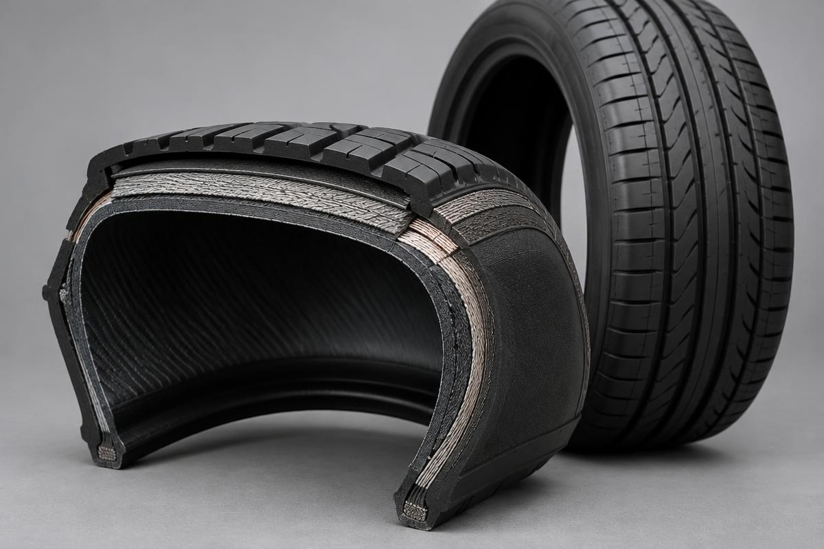 Illustrative tyre cutaway showing internal layers and sidewall construction.