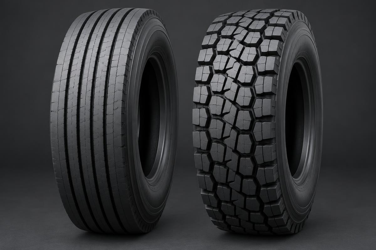 Illustrative ribbed steer tyre beside a block-pattern truck drive tyre.