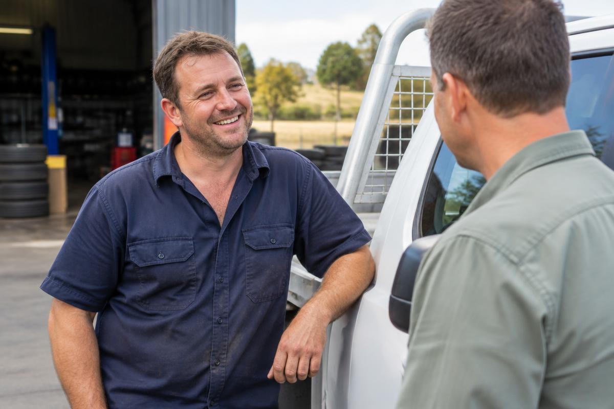 Illustrative photo of a tyre mechanic chatting with a customer beside a ute