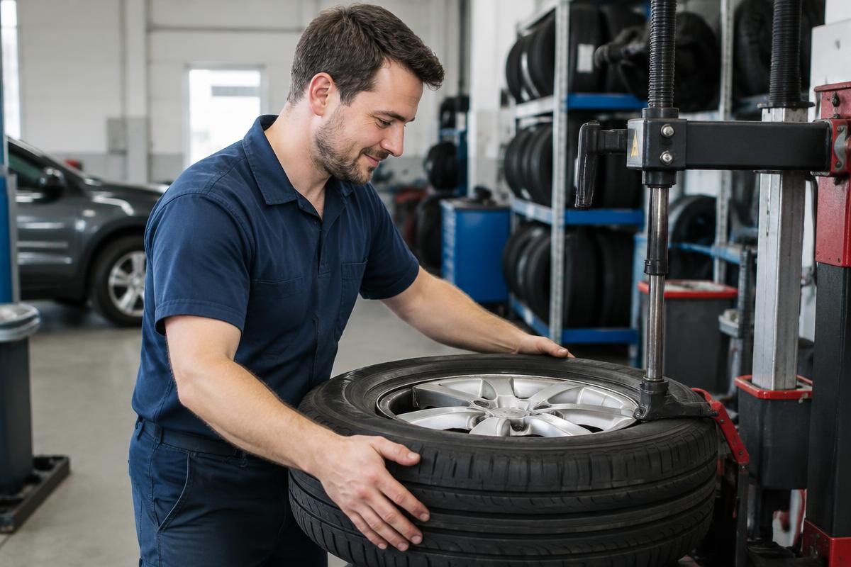 Illustrative photo of a mechanic fitting a tyre in the workshop