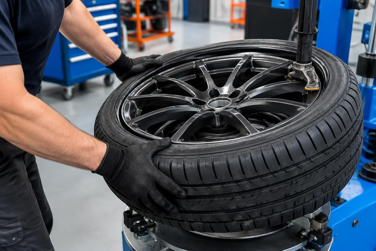 Illustrative photograph of a tyre being fitted to an alloy wheel